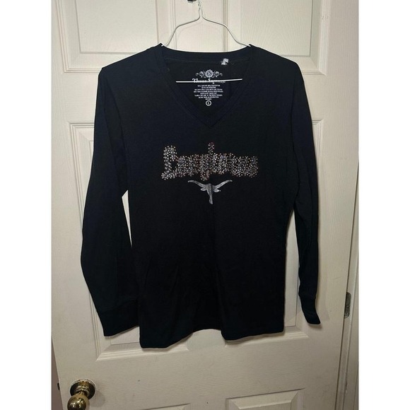 NCAA Tops - Vintage Black Texas Longhorns rhinestone V-neck shirt. Size large by Three squar